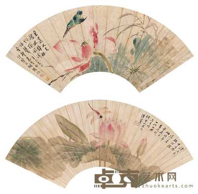 胡振 陈小翠 荷花翠鸟蜻蜓(二件) 扇面 尺寸不一